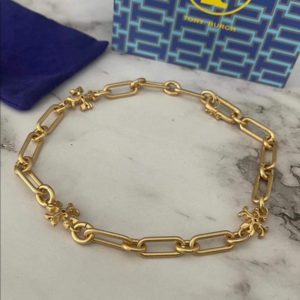 $258 New Authentic Gold Link Chain Bracelet Statement Accents Cross TB logo